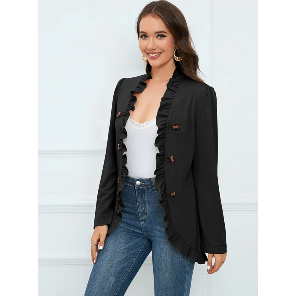 Black Ruffle Trim Blazer - Picture 2 of 10